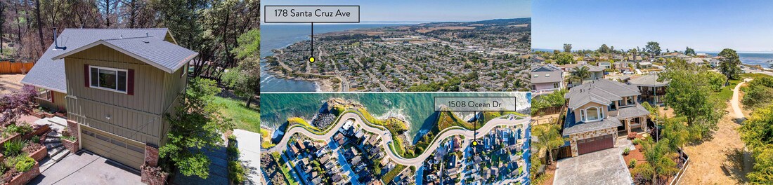 Drone images of properties along the ocean on the California coast.